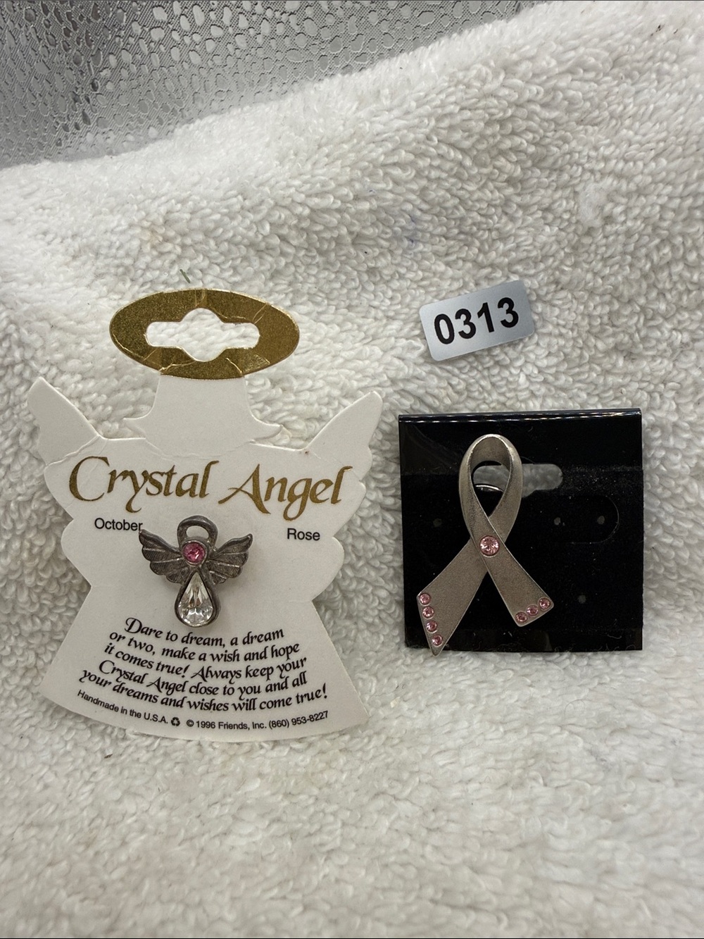 October Rose Pink Ribbon and Angel Brooch Set